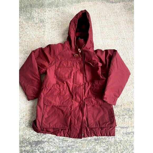 VTG LL Bean Jacket Womens Sz S Pet Red Flannel Wool  Lined Chore Barn Coat Hood - Picture 1 of 11
